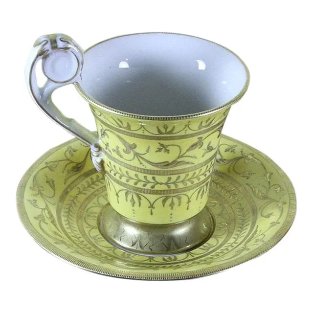 1990’s Vintage/New Old Stock KPM Collectors Cup & Saucer Yellow Fond With Medallion Painting