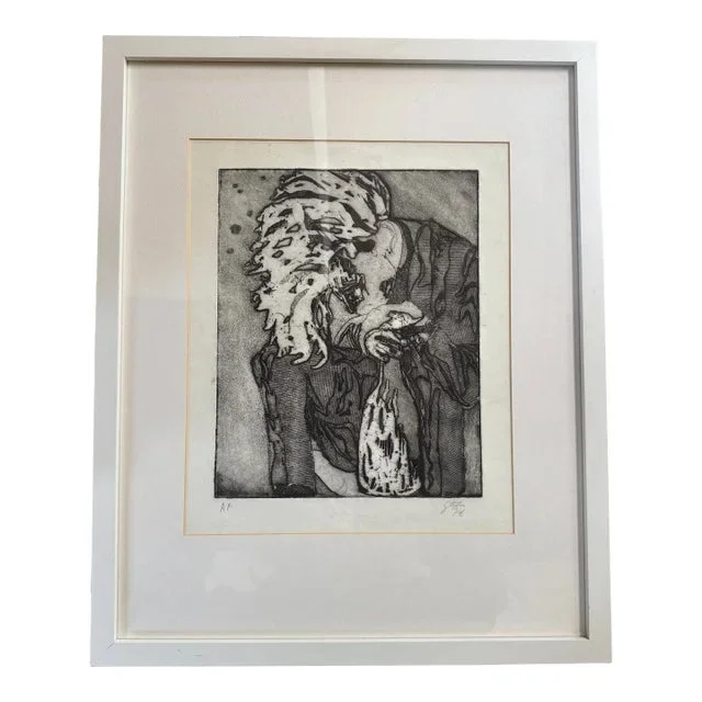 1990s Black and White Etching Abstract Print, Framed