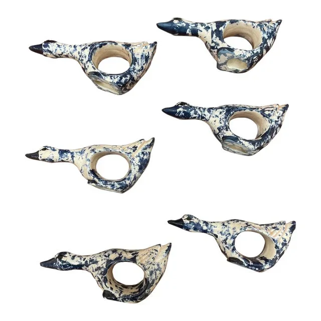 1990s Blue & White Speckled Ceramic Goose Bird Napkin Rings- Set of 6