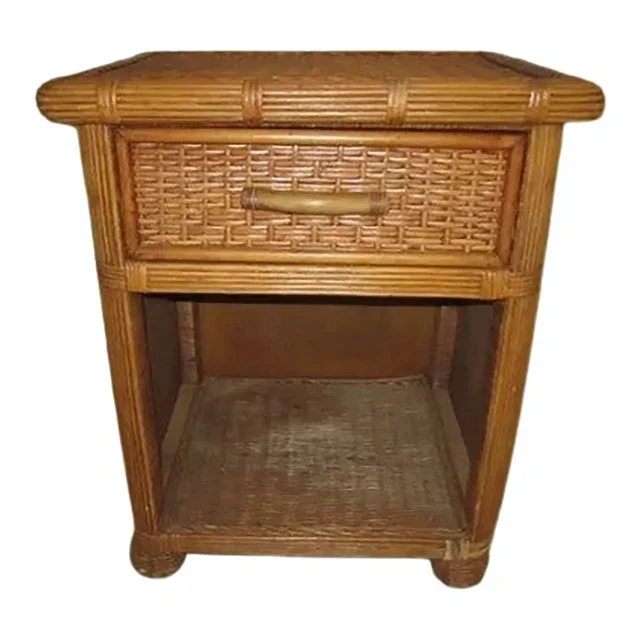 1990s Coastal Style One Bamboo Rattan Nightstand 1 Drawer Medium Tone