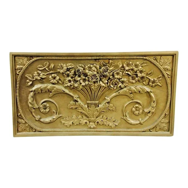 1990s Louis XVI Style Rose Basket Floral Raised Wall Plaque With Foliate Tendrils