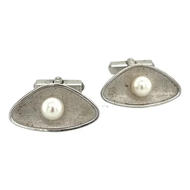 1990s Mikimoto Estate Akoya Pearl Mens Cufflinks 6.5 mm Sterling Silver, 2 pieces