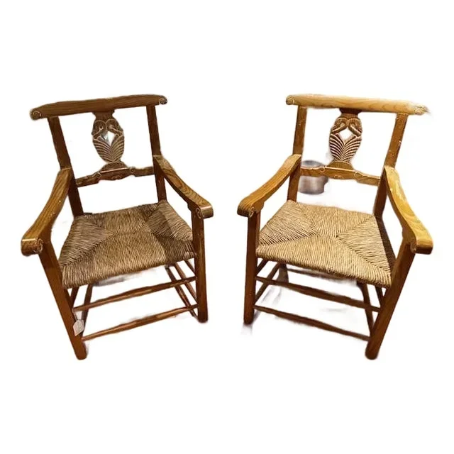 1990s Pine Armchairs With Rush Seats – Set of 2