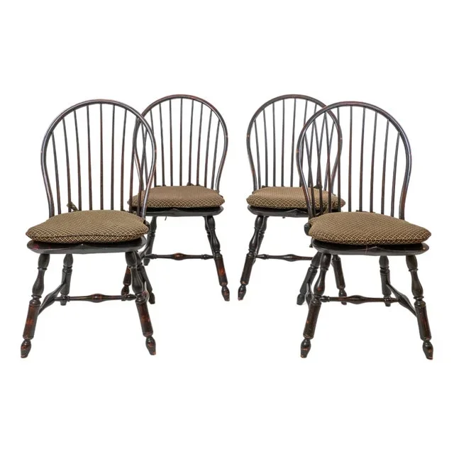 1990s Set of Four d.r. Dimes Windsor Bowback Side Chairs in Black Crackle With Custom Cushions