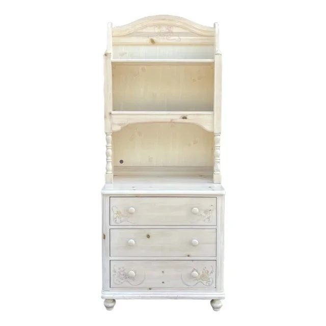 1990s Thomasville Impressions Ribbons & Bows Collection Rustic Country Cottage Knotty Pine 3 Drawer Chest With Bookcase Top in Distressed Beige