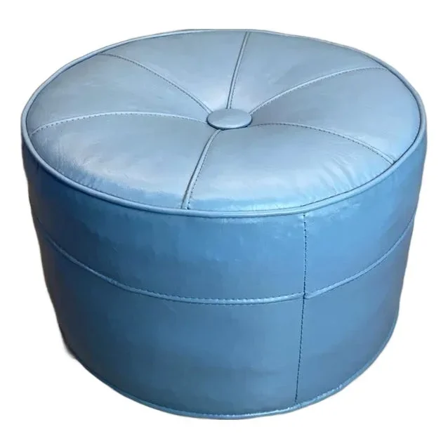 1990s Vintage Mid Century Modern Blue Green Vinyl Hassock Ottoman Footstool