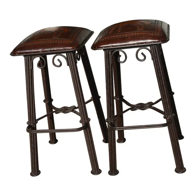 1990s Williston Forge Brown Leather & Black Iron Cowboy Horse Embossed Bar Counter Stools With Foot Rest – Set of 2