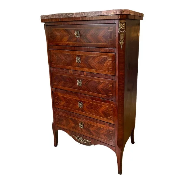 19th C. French Parquet High Chest With Brocolante Jaune Marble Top