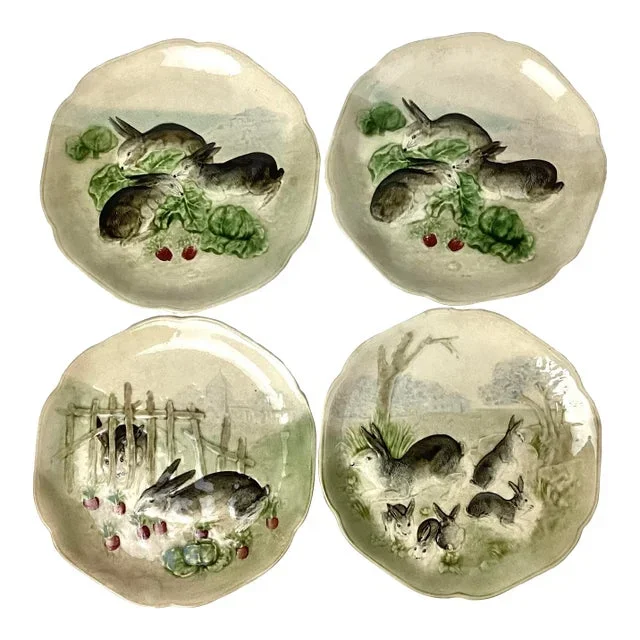 19th Century Bunny Rabbit Choisy-Le-Roi Majolica Plates, France- Set of 4