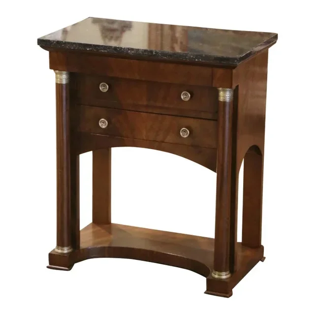 19th Century French Empire Marble Top Mahogany Bedside Table With Drawers