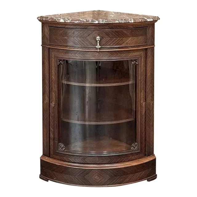 19th Century French Louis XVI Rosewood Marble Top Corner Vitrine ~ Cabinet