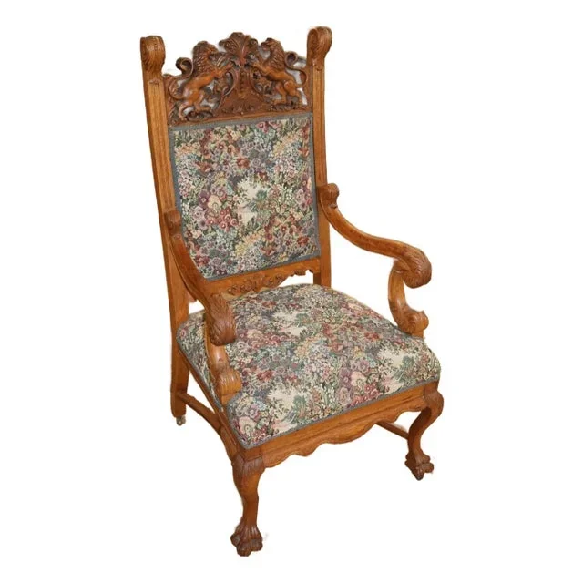 19th Century Tiger Oak Renaissance Revival Needlepoint Throne Arm Chair