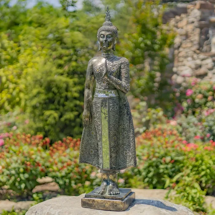 37.8″ Tall Frosted Silver Standing Polyresin Buddha Statue