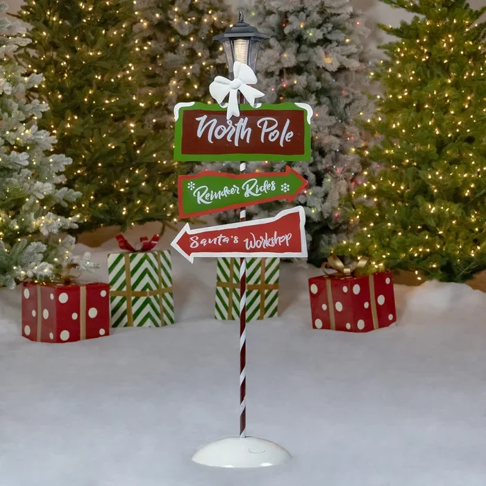 50″ Tall Standing “North Pole” Solar Lantern with Crossing Signs