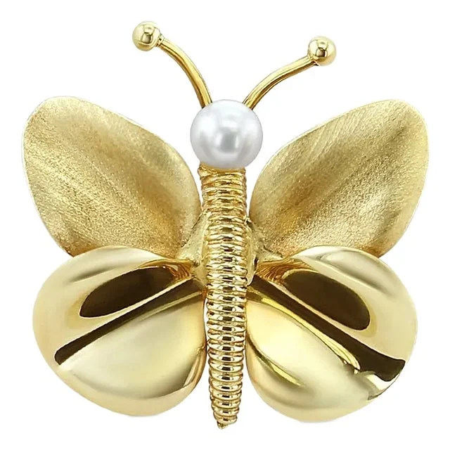 5MM Pearl Gold Butterfly Brooch 14k Yellow Gold