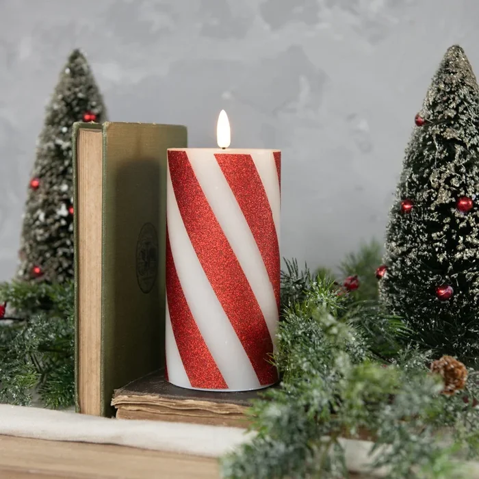 6″ Red 3D Flame Candy Cane Pillar Candle
