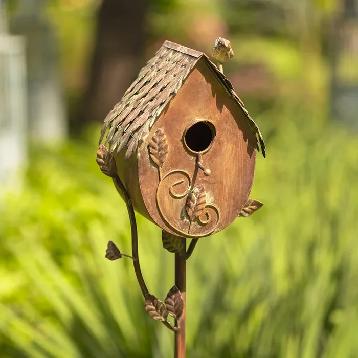 64.5″ Tall Country Style Iron Birdhouse Stake “Farm House”