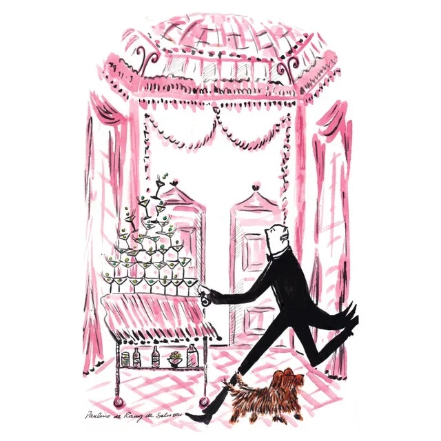 “Pink Martini Cart” Contemporary Original Whimsical Figurative Print by Pauline de Roussy de Sales