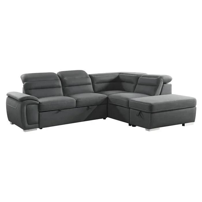 8277NGY* – (3)3-Piece Sectional with Adjustable Headrests, Pull-out Bed and Right Chaise with Storage Ottoman