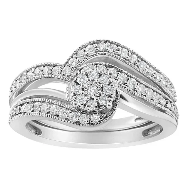 .925 Sterling Silver 1/3ct Cttw Multi-Diamond Bypass Vintage-Style Bridal Set Ring and Band (I-J Color, I3 Clarity) – Size 9