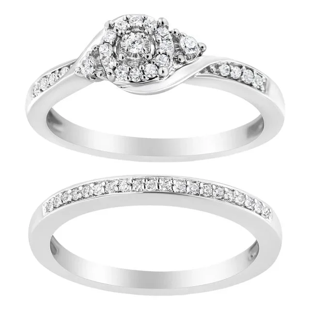 .925 Sterling Silver 1/4 Cttw Diamond Halo and Swirl Engagement Ring and Wedding Band Set – Ring Size 7