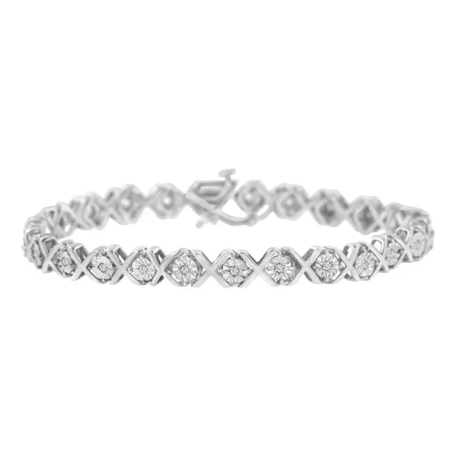 .925 Sterling Silver 1/4 Cttw Miracle-Set Round Cut Diamond “X” Link Bracelet – Size 7.25″