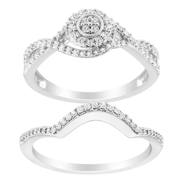 .925 Sterling Silver 1/6 Cttw Diamond Composite Halo and Split Shank Bridal Set Ring and Band (I-J Color, I3 Clarity) – Size 9