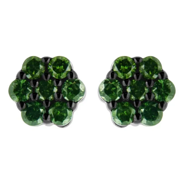 .925 Sterling Silver 2.0 Cttw Prong Set Round-Cut Treated Green Diamond Floral Cluster Stud Earring