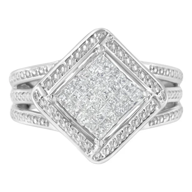 .925 Sterling Silver 2/5 Cttw Princess Cut Diamond Square On Point Cluster Composite Cocktail Ring (H-I Color, SI1-SI2 Clarity) – Size 6-1/2