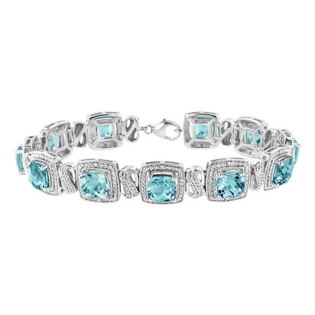 .925 Sterling Silver 7×7 mm Cushion Cut Blue Topaz and 1/10 Ctw Single Cut Diamond Square Shape Tennis Bracelet – 7″