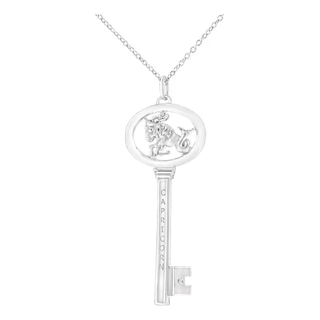 .925 Sterling Silver Diamond Accent Capricorn Zodiac Key 18″ Pendant Necklace (K-L Color, I1-I2 Clarity)
