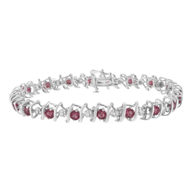 .925 Sterling Silver, Lab-Grown Gemstone and 1/6 Cttw Round Diamond Tennis Bracelet – Created Pink Tourmaline, October Birthstone