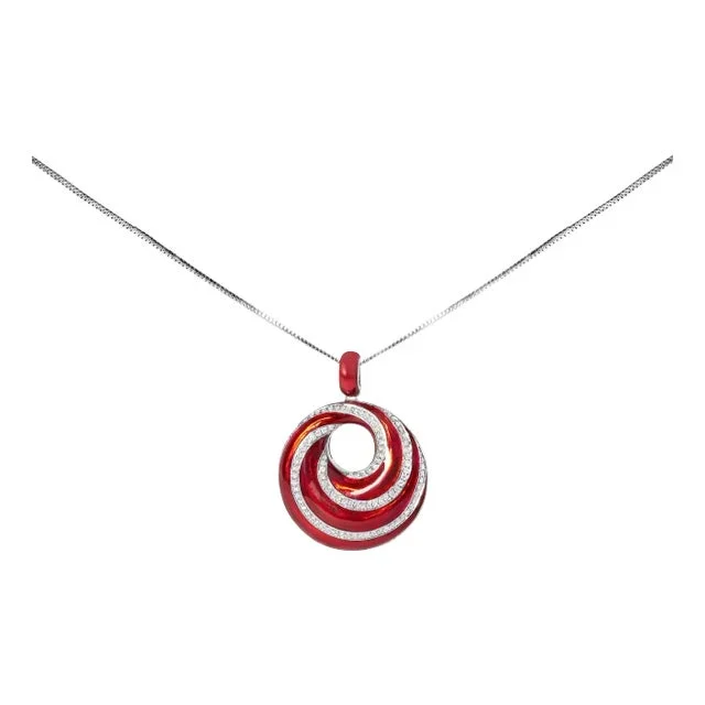 .925 Sterling Silver Red Enamel and 1/2 Diamond Endless Swirl Medallion 18″ Pendant Necklace (F-G Color, VS1-VS2 Clarity)