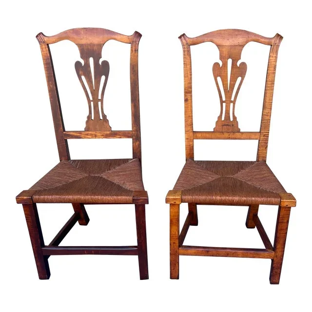 A Pair of New England Tiger Maple Chippendale Side Chairs With Rush Seats, Circa 1800