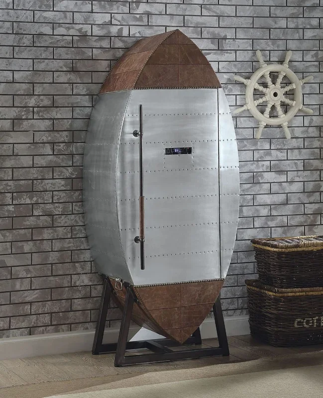 ACME Brancaster Retro Brown Top Grain Leather & Aluminum Wine Cabinet Model 97195