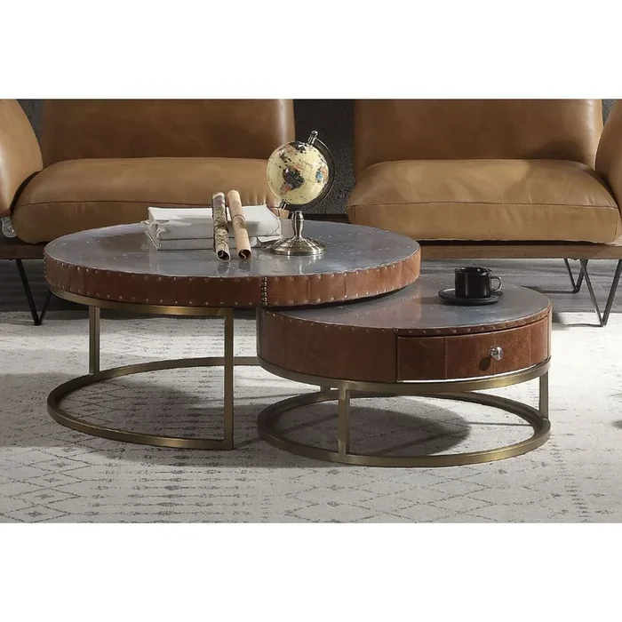 ACME Tamas Aluminum & Cocoa Top Grain Leather Coffee Table Model 84890
