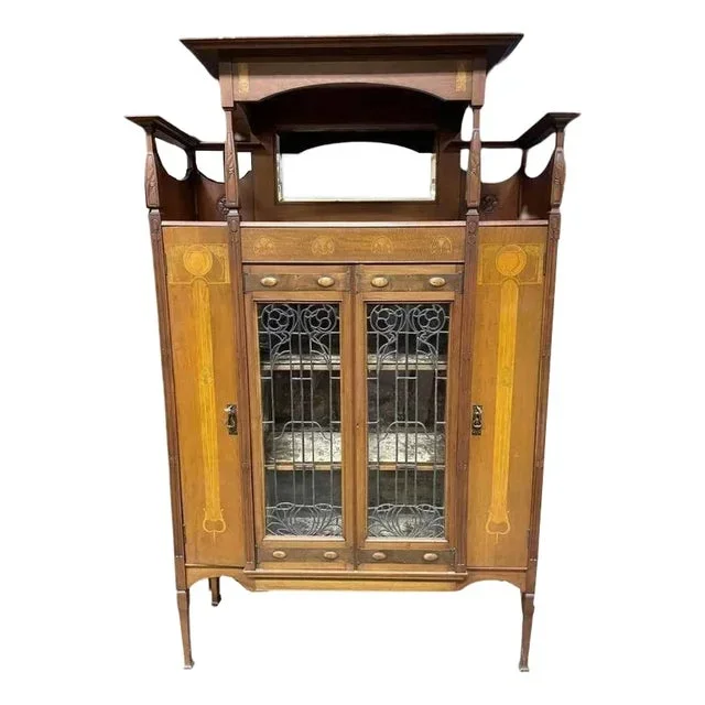 Antique Art Nouveau Mahogany and Floral Marquetry Display Cabinet