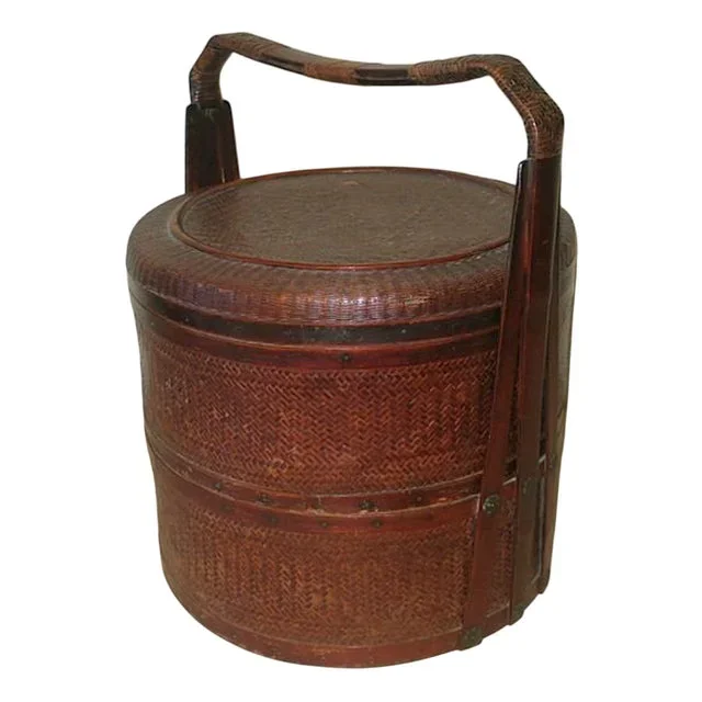 Antique Basket in Wood and Rattan with Three Sections, 1900