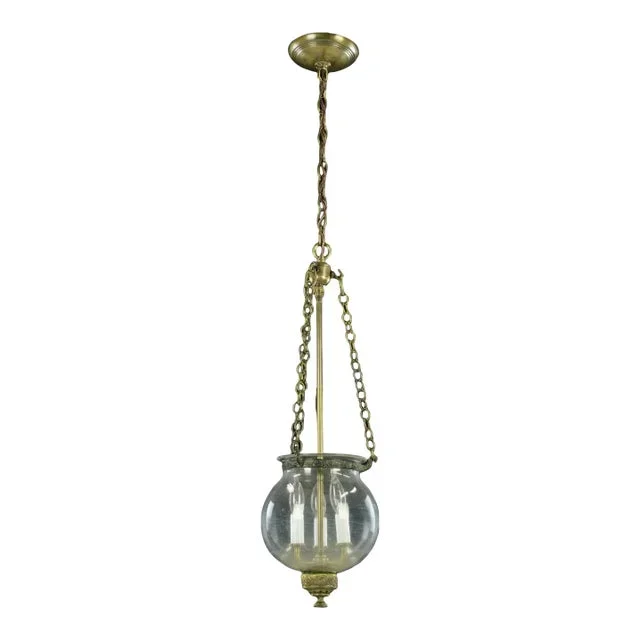 Antique Bell Jar Hand Blown Glass & Brass Chain Pendant Light