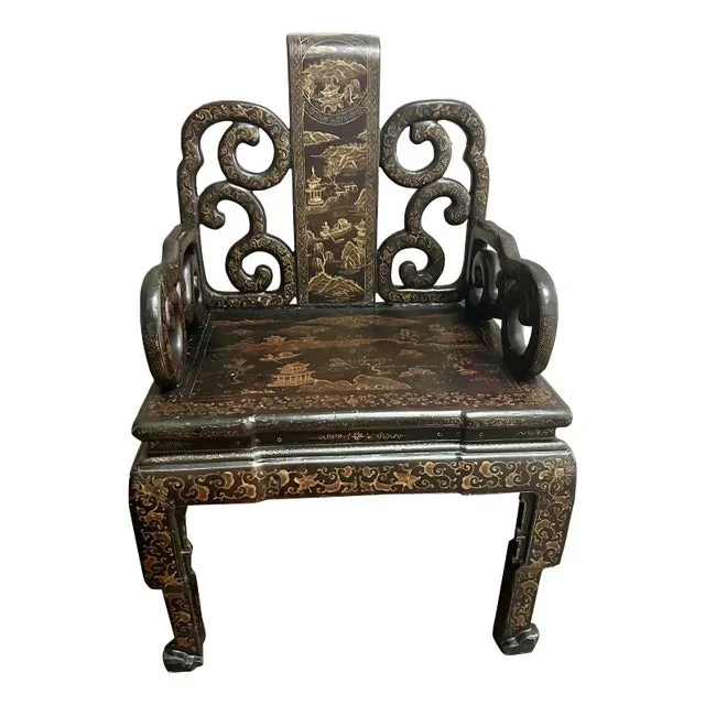 Antique Chinese Export Gilt & Black Lacquer Arm Chair