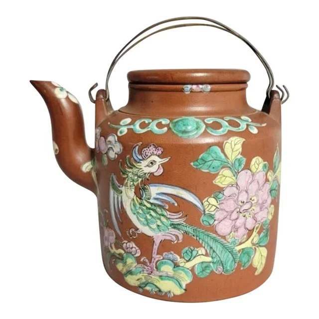 Antique Chinese Yixing Teapot With Enamel Phoenix & Floral Decoration, Signed, Early 20th Century