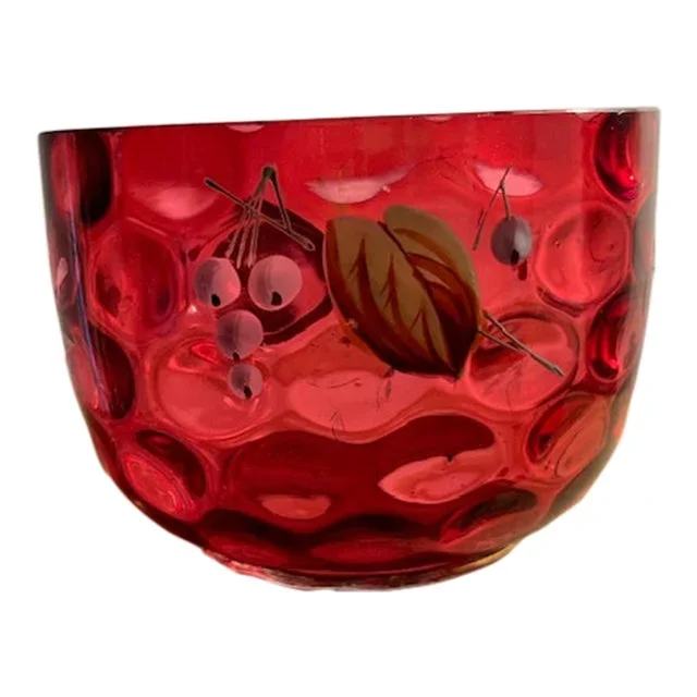 Antique Cranberry Glass Small Finger/Serving Bowl With Hand Painted Enamel Berries and Flowers