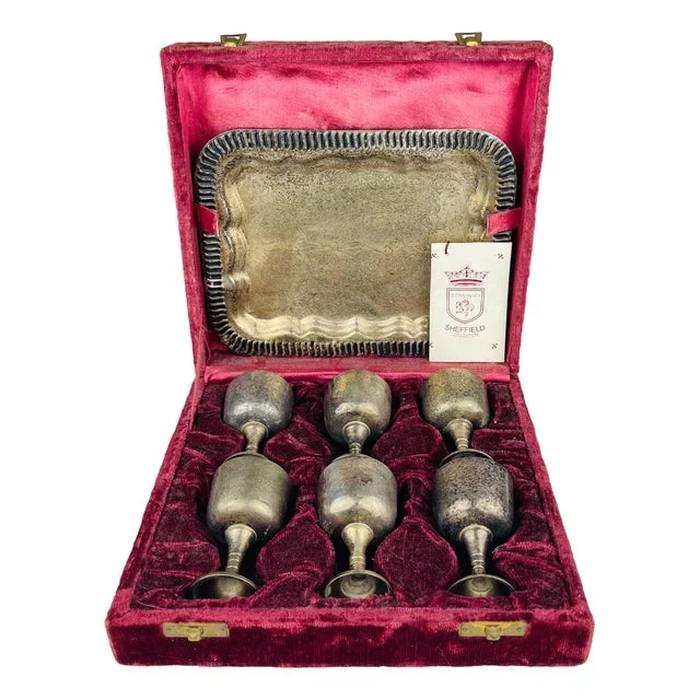 Antique English Silver Plated Glasses and Tray, 1890s, Set of 8