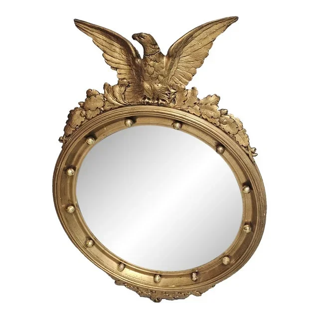 Antique Federal Gold Gilt Wood Eagle Convex Mirror Looking Glass