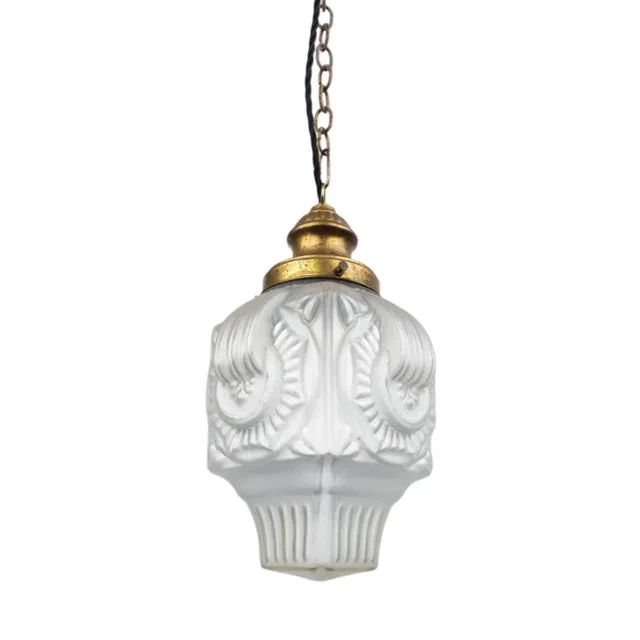 Antique French Art Nouveau Etched Sky Scraper Pendant Light, 1890s