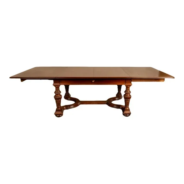 Antique French Carved Mahogany Baroque Revival Dining Table With Two Leaves 1900