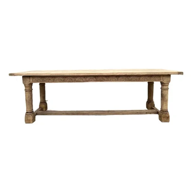 Antique French Dining Farm Table Bleached Carved Oak 8 Ft. Large C1880