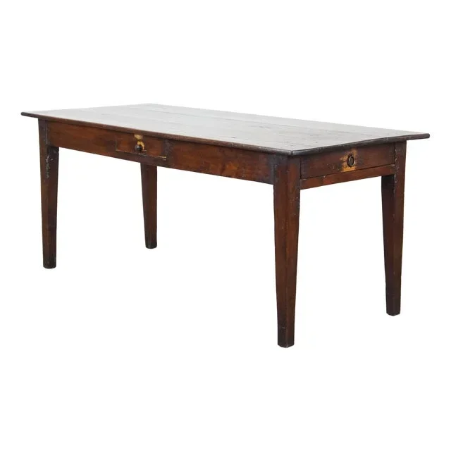 Antique French Fruit Tree Wood Dining Table with 2 Drawers