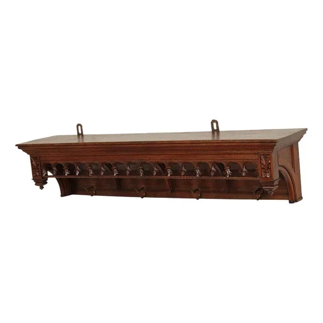 Antique French Gothic Revival Carved Oak Coat Rack Wall Shelf