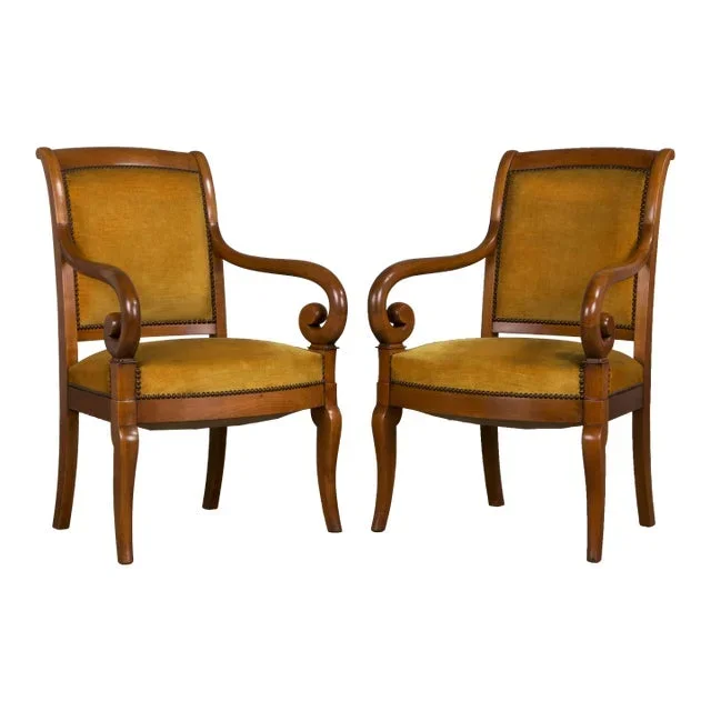 Antique French Louis Philippe Style Walnut Armchairs W/ Golden Yellow Velvet – a Pair
